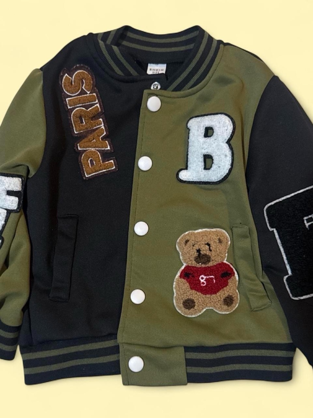 SHEIN Olive & Black Teddy Patch Varsity Jacket for Kids